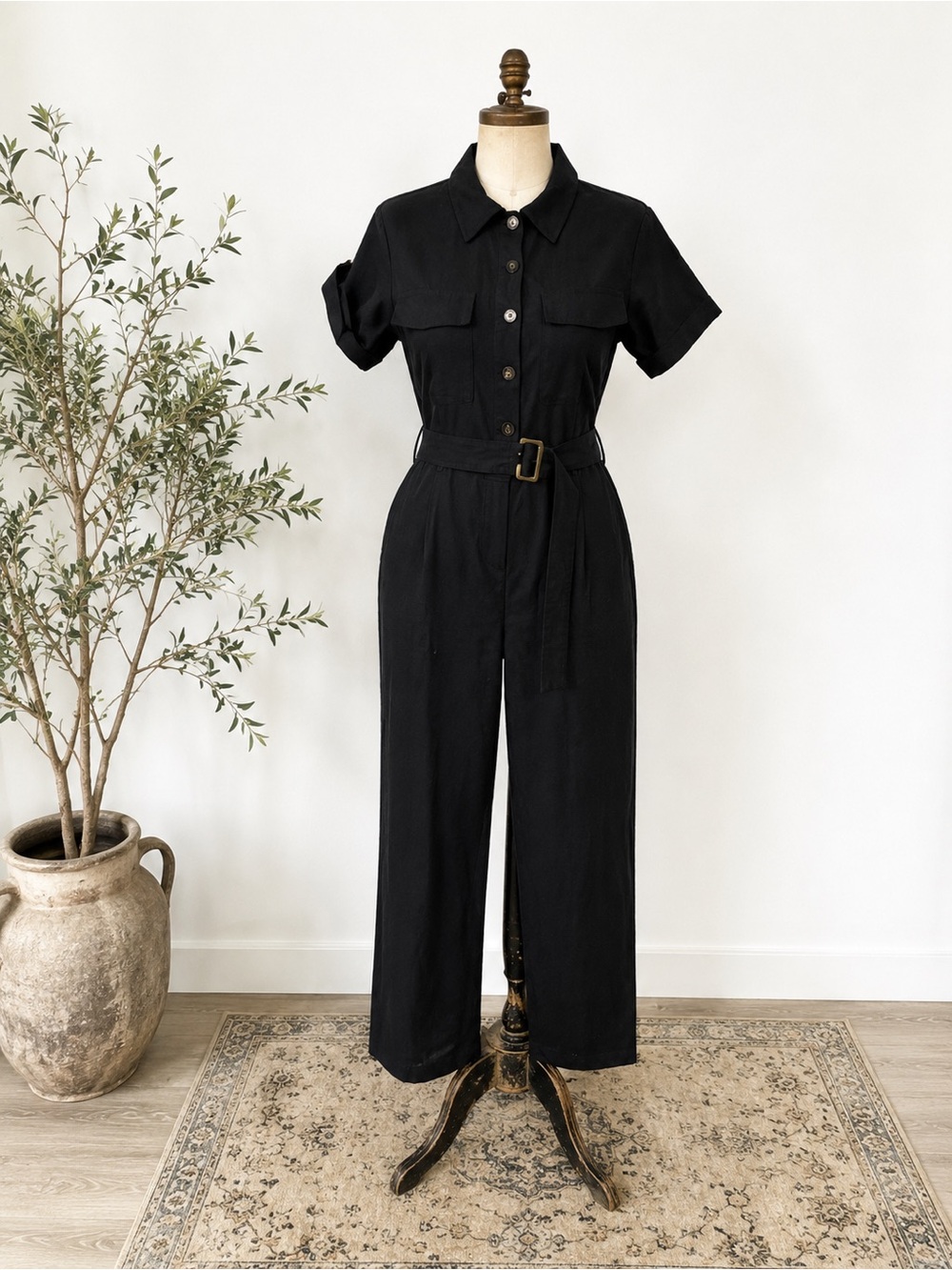 Classic Black Short-Sleeve Utility Jumpsuit